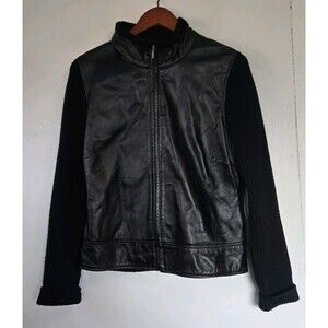 APT 9 Leather Jacket Womens L Black Wool Two Piece Moto Grunge Biker Rugged Fall